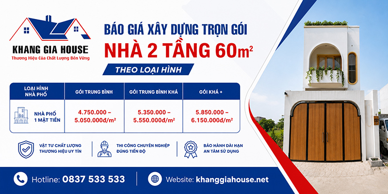 đơn giá xây nhà ống 2 tầng 60m2