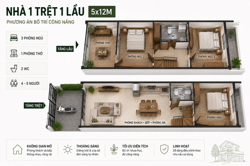 công ty thi công nhà 2 tầng 5x12m