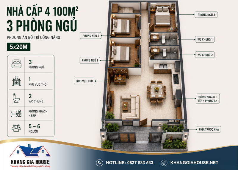chi phí xây nhà cấp 4 100m² 3 phòng ngủ mái bằng
