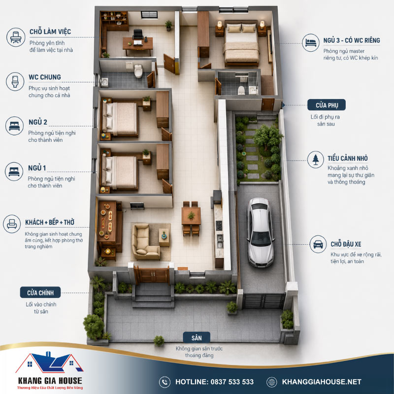 chi phí xây nhà cấp 4 100m² 3 phòng ngủ hiện đại