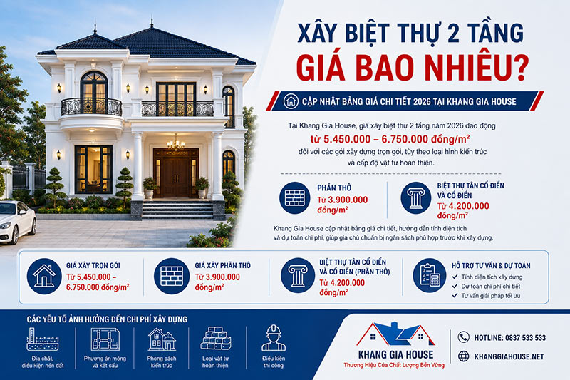 chi phí xây biệt thự 2 tầng là bao nhiêu