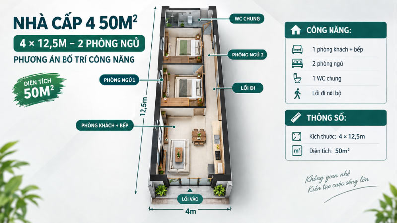 mẫu nhà cấp 4 50m² 2 phòng ngủ