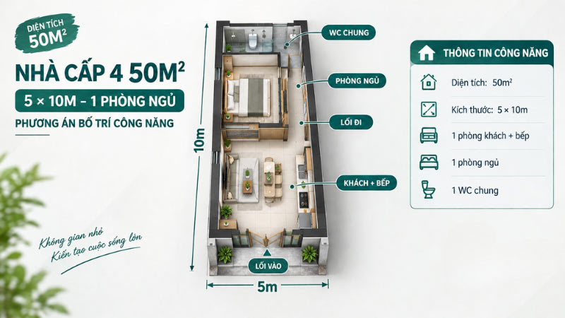mẫu nhà cấp 4 50m² 1 phòng ngủ
