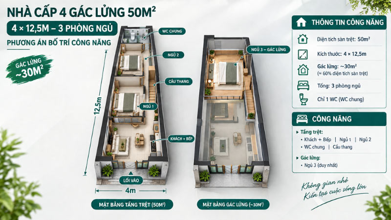 mẫu thiết kế nhà cấp 4 50m² có gác lửng